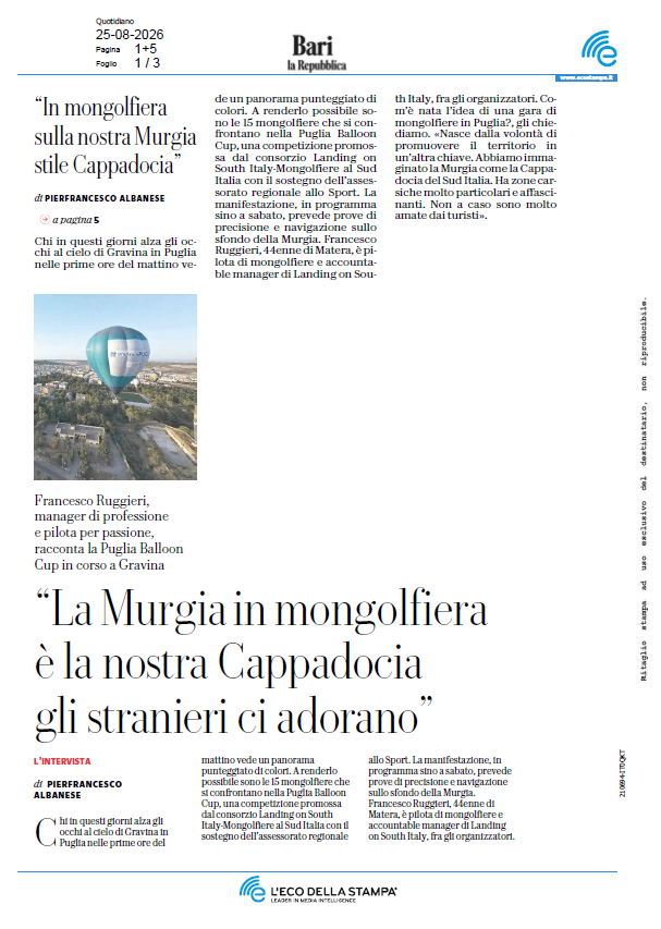“In mongolfiera
sulla nostra Murgia
stile Cappadocia”
