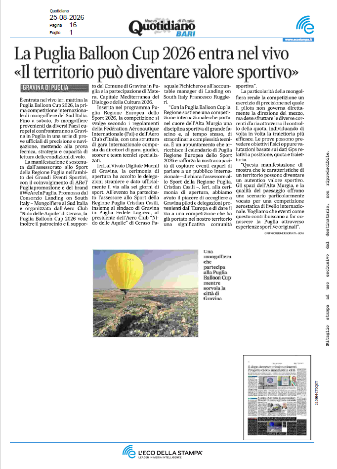 La Puglia Balloon Cup 2026 entra nel vivo«Il territorio può diventare valore sportivo»